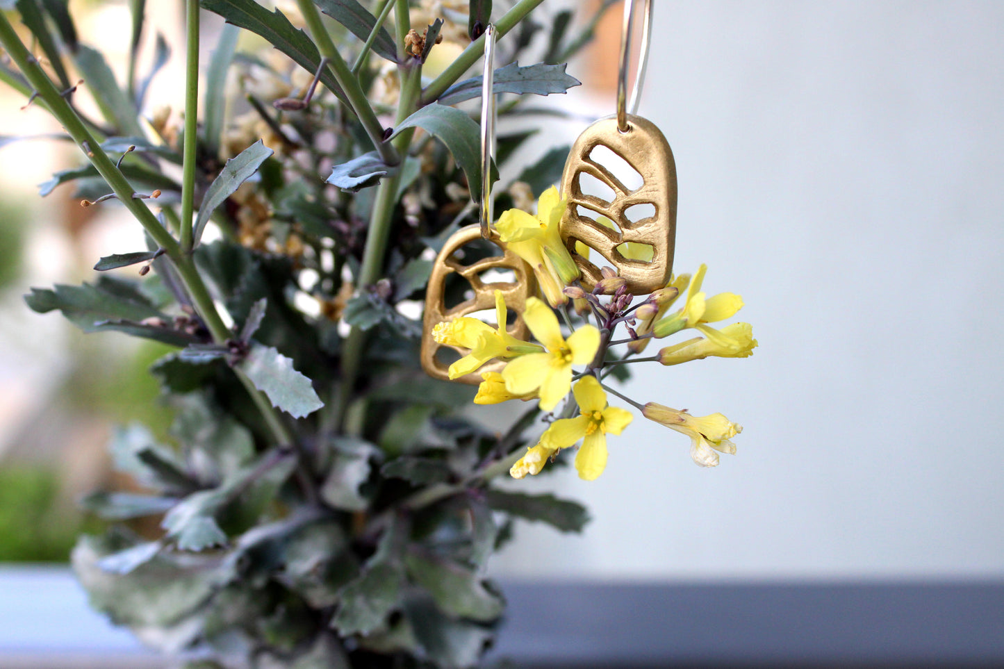 A pair of bronze earrings with silver hoops, featuring a geometric pattern, displayed hanging on plants.